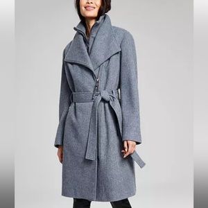 NWT Calvin Klein light gray belted wool blend coat